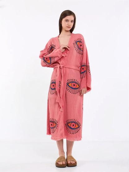 Pink Cotton Rove, Evil Eye Kimono, Boho Cotton Robe