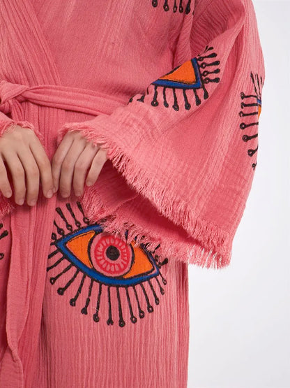 Pink Cotton Rove, Evil Eye Kimono, Boho Cotton Robe