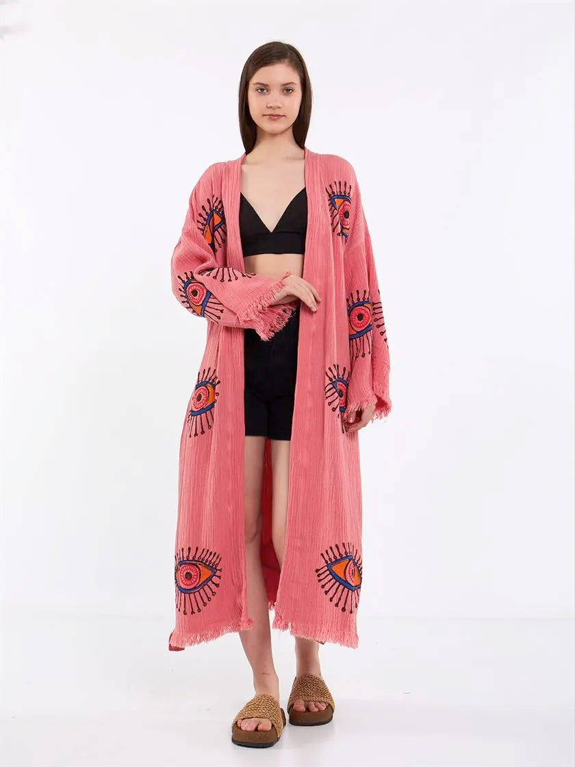 Pink Cotton Rove, Evil Eye Kimono, Boho Cotton Robe