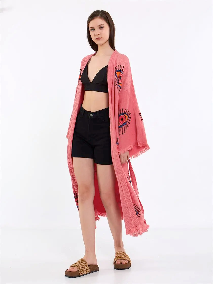 Pink Cotton Rove, Evil Eye Kimono, Boho Cotton Robe