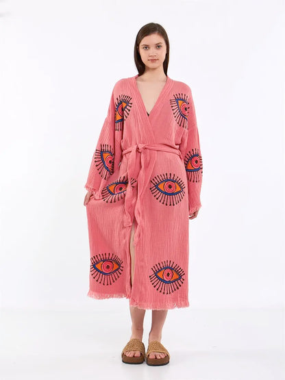 Pink Cotton Rove, Evil Eye Kimono, Boho Cotton Robe